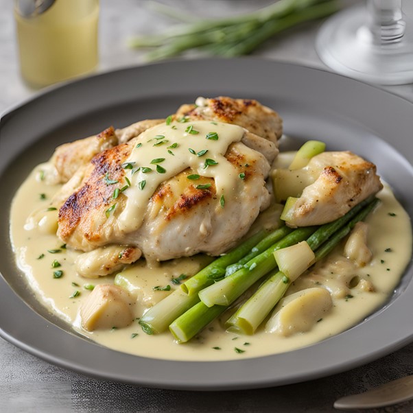 Chicken Dijonnaise with soft leeks